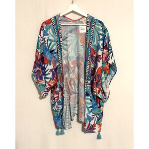 La Blanca Womens Kimono Top Multicolor Floral Tassel Beach New